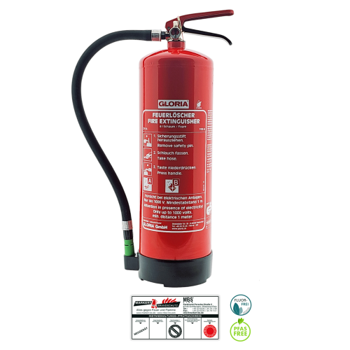 Gloria SDE6- Bioschaum Dauerdruck-Feuerlöscher mit Wandhalterung, einsetzbar an elektrischen Anlagen, EN3, 6 l, 6LE